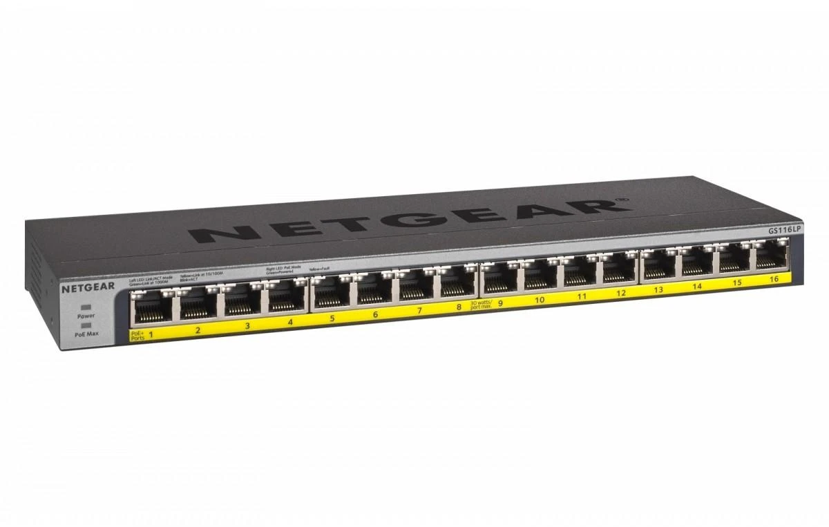 Šakotuvas Netgear GS116LP Ne-valdomas Gigabit Ethernet (10/100/1000) Juoda Maitinimas per Eternetą (PoE)