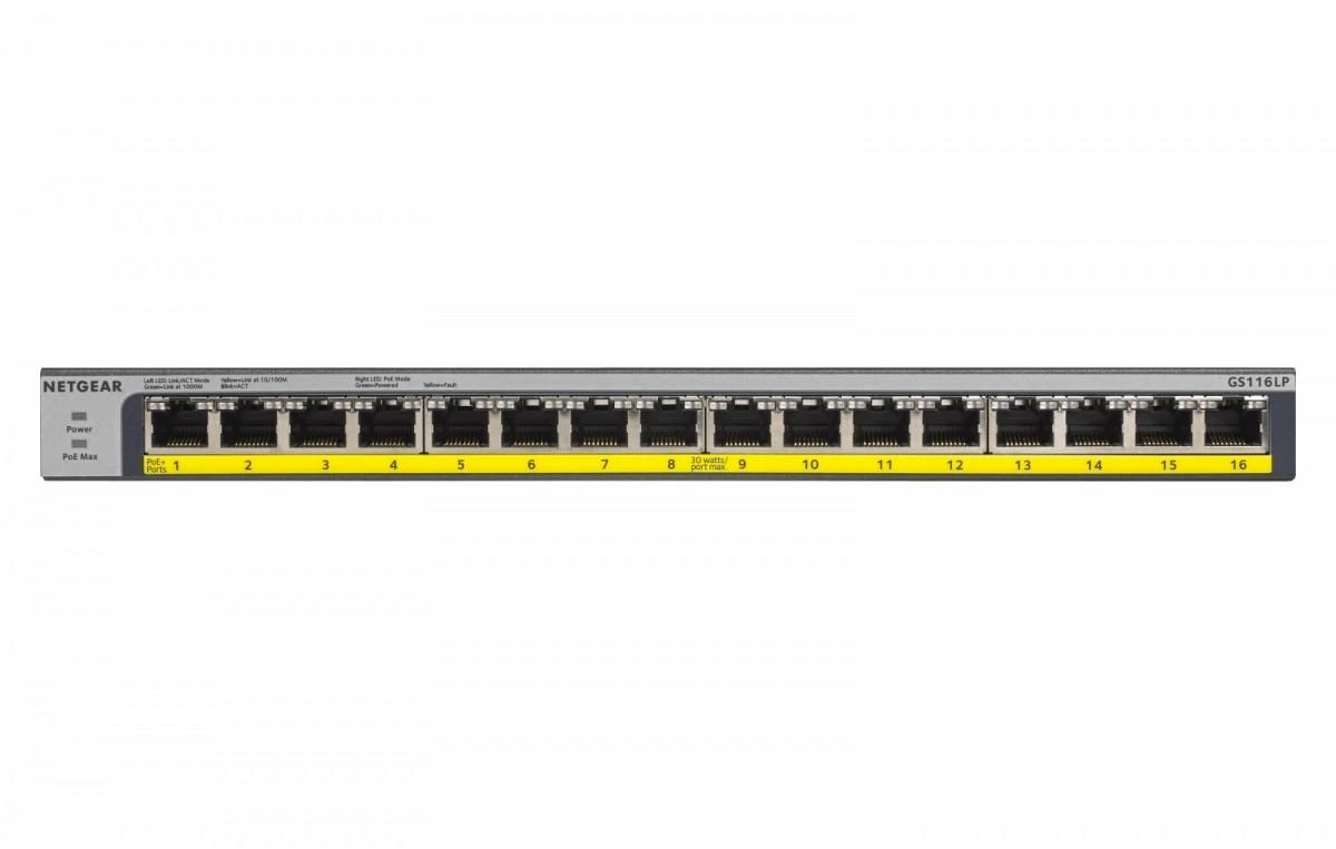 Šakotuvas Netgear GS116LP Ne-valdomas Gigabit Ethernet (10/100/1000) Juoda Maitinimas per Eternetą (PoE)