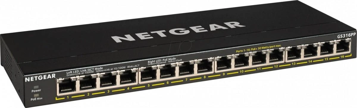 Netgear GS316P Ne-valdomas Gigabit Ethernet (10/100/1000) Juoda Maitinimas per Eternetą (PoE)