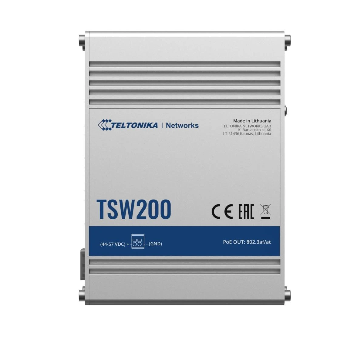 Teltonika | Ethernet komutatorius | TSW200 | Nevaldomas | Stalinis | Gigabito Ethernet (varinis) jungčių kiekis: 8 | 10 Gbps (RJ-45) jungčių kiekis: 0 | SFP jungčių kiekis: 2 | SFP+ jungčių kiekis: 0 | Combo jungčių kiekis: 0 | Maitinimo per Ethernet (PoE) jungčių kiekis: 8 | Maitinimo šaltinio tipas: Apsaugos klasė: IP30 | 24 mėn.