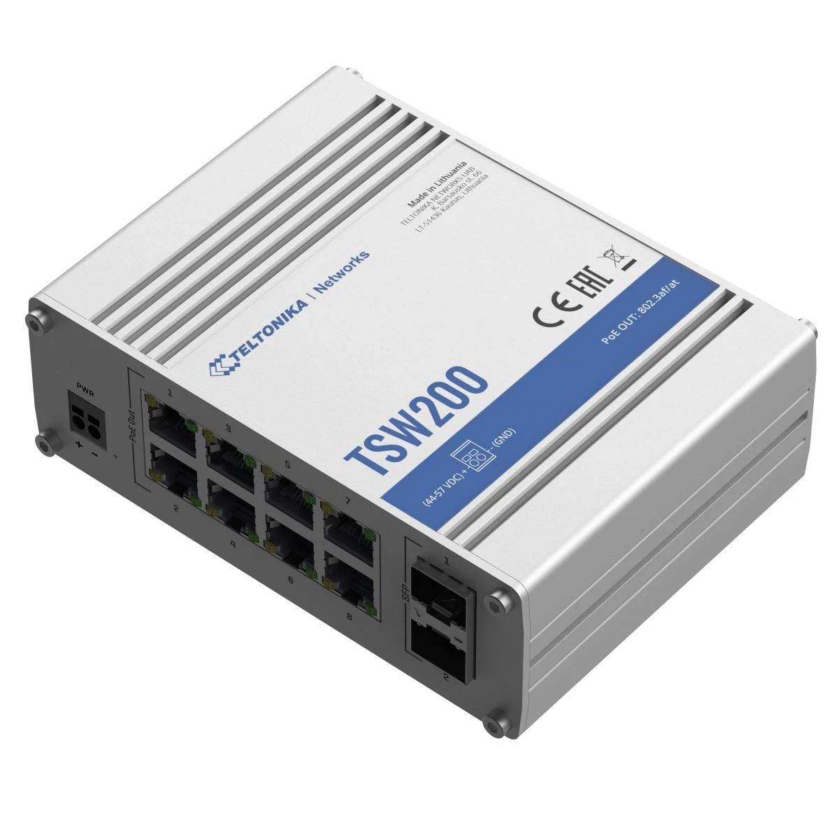 Teltonika | Ethernet komutatorius | TSW200 | Nevaldomas | Stalinis | Gigabito Ethernet (varinis) jungčių kiekis: 8 | 10 Gbps (RJ-45) jungčių kiekis: 0 | SFP jungčių kiekis: 2 | SFP+ jungčių kiekis: 0 | Combo jungčių kiekis: 0 | Maitinimo per Ethernet (PoE) jungčių kiekis: 8 | Maitinimo šaltinio tipas: Apsaugos klasė: IP30 | 24 mėn.