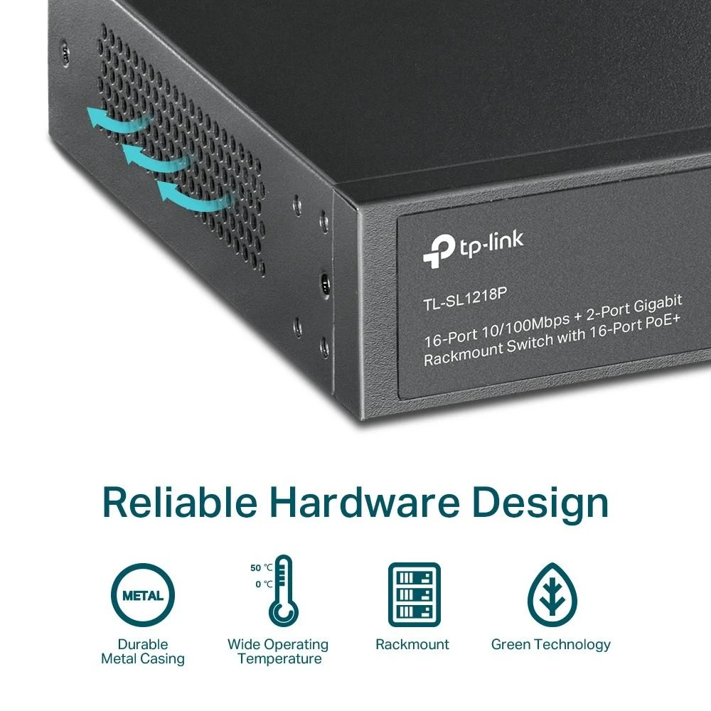Šakotuvas TP-LINK jungiklis TL-SL1218P Nevaldomas, montuojamas ant stovo, 10/100 Mbps (RJ-45) jungtys kiekis 16, PoE+ jungtys kiekis 16