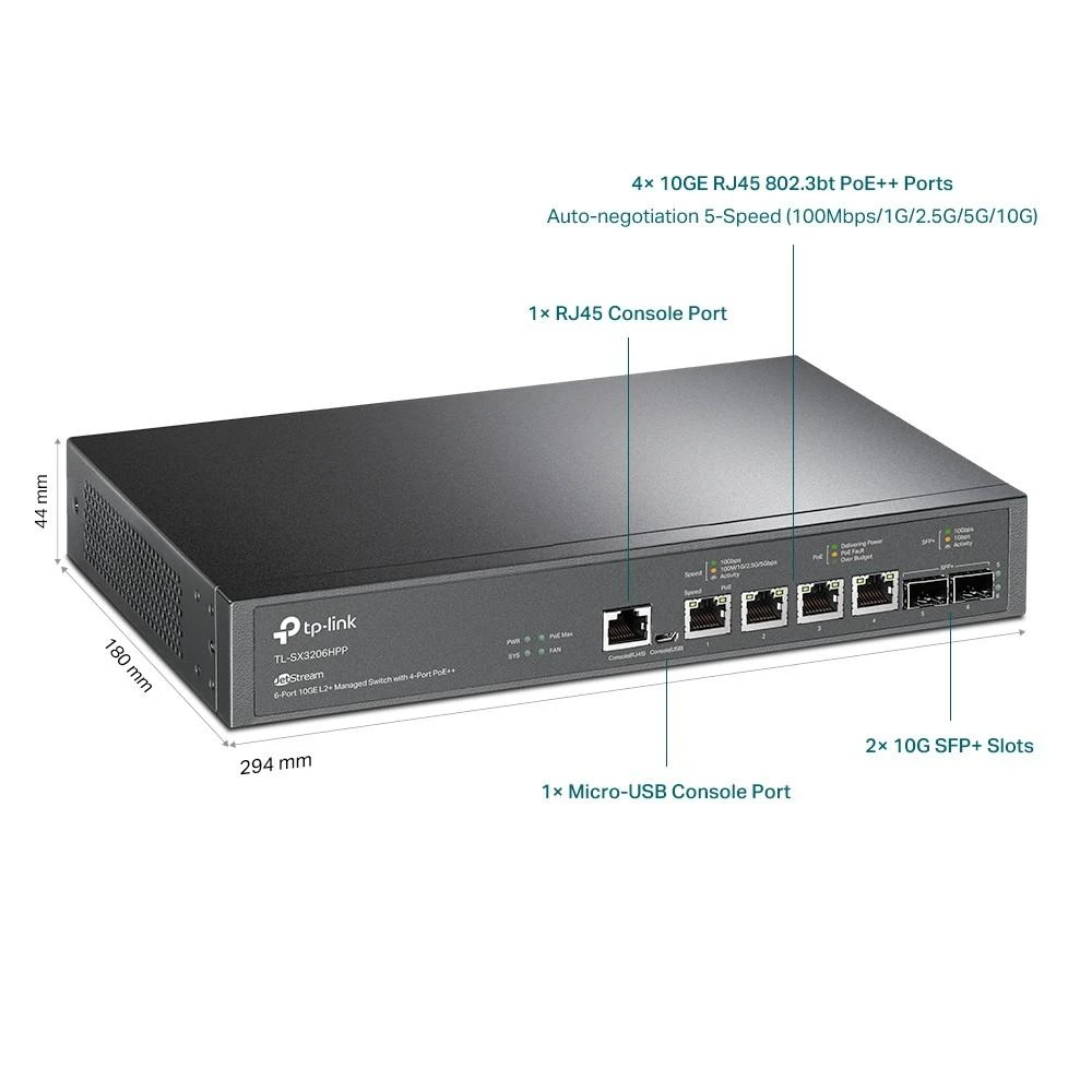Šakotuvas TP-Link 4-PORT 10G MANAGED POE SWITCH - L2+ 2-PORT 10G SFP+ 4-PORT POE++