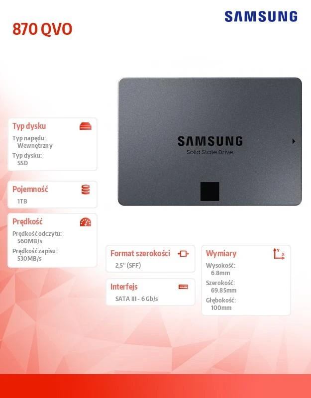 Kietasis diskas  SSD SAMSUNG 870 QVO/1TB/Rašymo greitis 530 MBytes/sec/Skaitymo greitis 560 MBytes/sec/2,5"/TBW 360 TB/MTBF 1500000 hours/MZ-77Q1T0BW