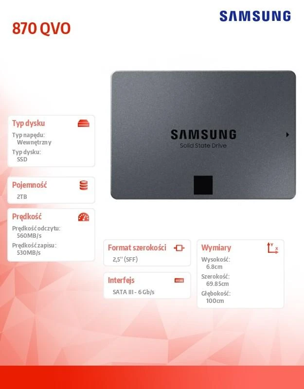 Kietasis diskas SSD SAMSUNG 870 QVO 2TB/SATA 3.0/Rašymo greitis 530 MBytes/sec/Skaitymo greitis 560 MBytes/sec/TBW 720 TB/MTBF 1500000 hours/MZ-77Q2T0BW