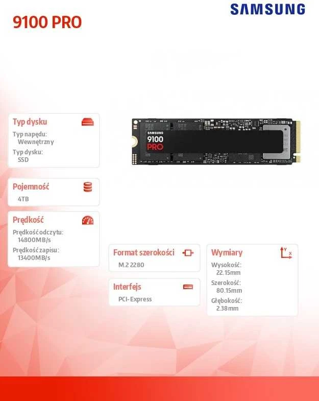 Samsung 9100 PRO | Solid state drive | 4000 GB | SSD form factor M.2 2280 | Solid-state drive sąsaja PCI Express 5.0 x4 (NVMe) | Skaitymo greitis 14800 MB/s | Rašymo greitis 13400 MB/s