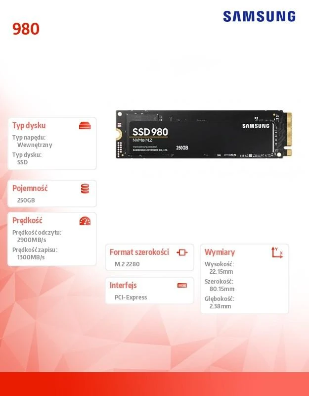 Kietasis diskas SSD Samsung 980/250 GB/SSD form factor M.2 2280/SSD sąsaja M.2 NVME/Rašymo greitis 1300 MB/s/Skaitymo greitis 2900 MB/s/MZ-V8V250BW