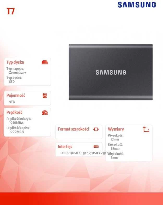 Kietasis diskas Samsung nešiojamas SSD | T7 | 4000 GB | USB 3.2 | Pilka