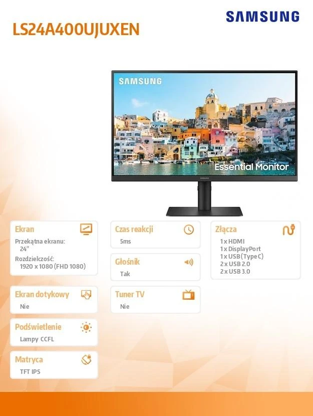 Monitorius SAMSUNG LS24A400UJUXEN 24 colių 1920x1080 IPS 16:9 5ms be belaidžio HAS / pasukamas / pasukamas / pakreiptas HDMI / DP / USB-C DOKAS 65 W USB3 šakotuvas VESA 100
