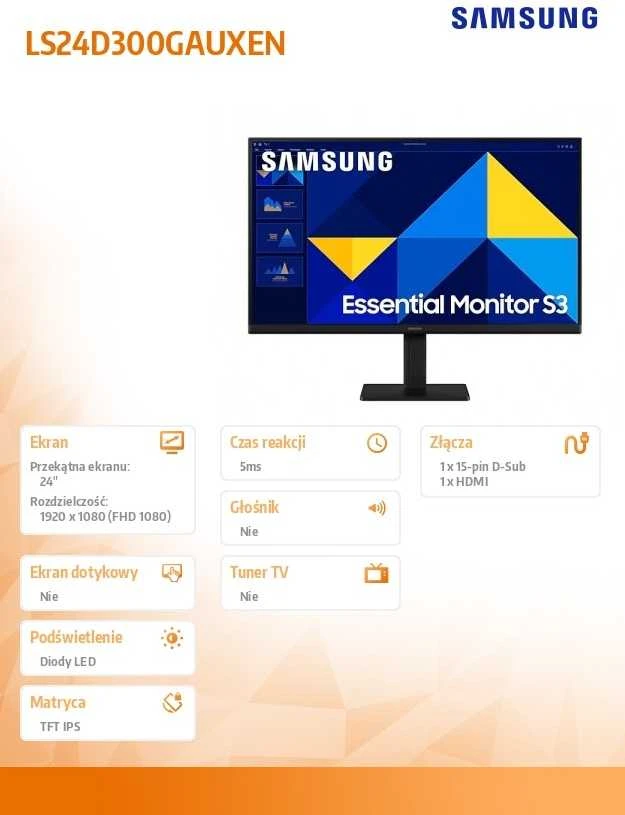 Monitorius Samsung | LS24D300GAUXEN | 24 " | IPS | 16:9 | 100 Hz | 5 ms | 1920 x 1080 pikselių | 250 cd/m² | HDMI jungtys quantity 1 | Juodas