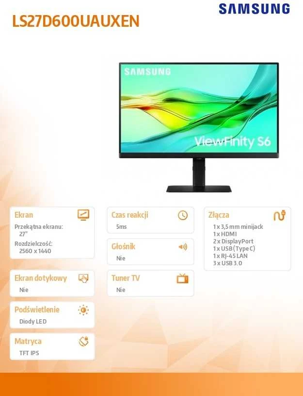 Samsung | LS27D600UAUXEN | 27 " | IPS | QHD | 16:9 | 100 Hz | 5 ms | 2560 x 1440 pikselių | 350 cd/m² | HDMI jungtys quantity 1 | Juodas