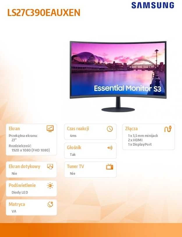 Monitorius Samsung LS27C390EAUXEN, 27 ", VA, FHD, 1920 x 1080, 16:9, 4 ms, 250 cd/m², Juodas, 75 Hz