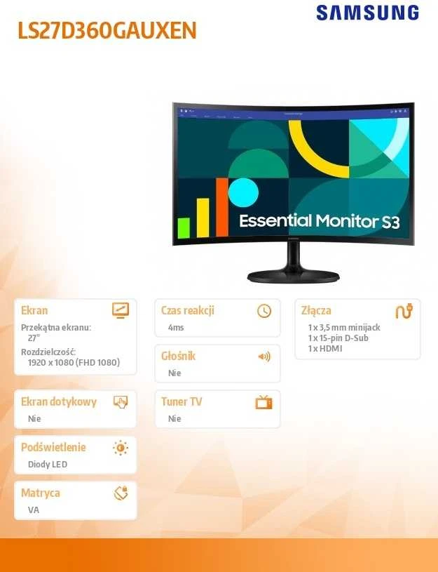 Monitorius Samsung | LS27D360GAUXEN | 27 " | VA | FHD | 16:9 | 100 Hz | 4 ms | 1920 x 1080 pikselių | 250 cd/m² | HDMI jungtys quantity 1 | Juodas