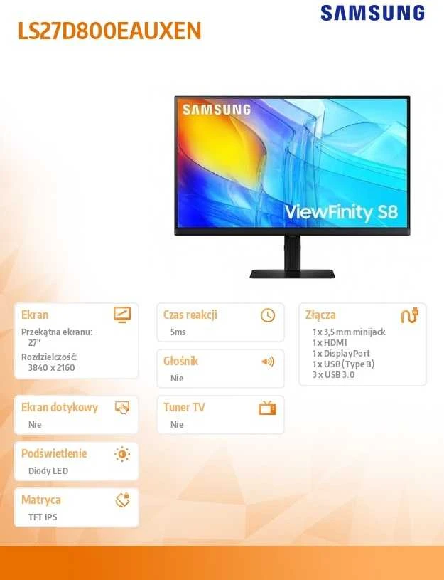 Monitorius - Samsung ViewFinity S8 S27D800EAU 27-Colių 4K UHD, USB-C, Juodas
