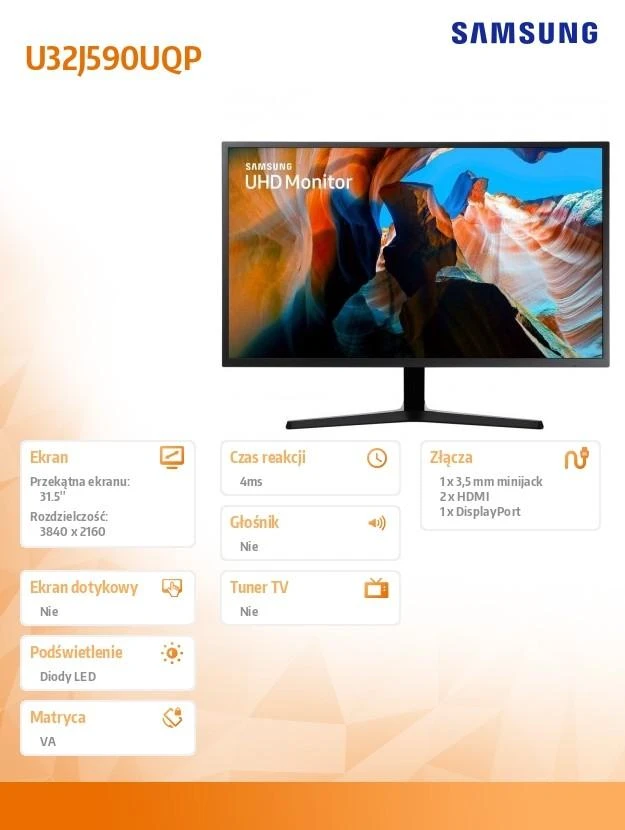 Monitorius SAMSUNG U32J590UQP / 31.5" / Panel VA / 3840x2160 / 16:9 / 60Hz / 4 ms