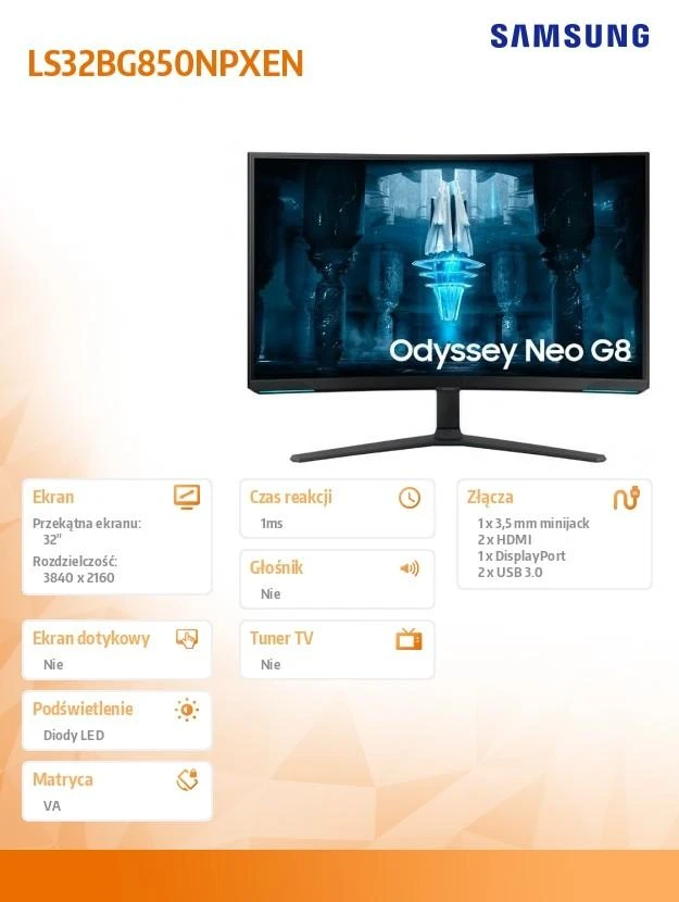 Samsung | Monitorius | G850 UHD | 32 " | VA | 16:9 | 240 Hz | 1 ms | 3840 x 2160 pikselių | 350 cd/m² | Baltas