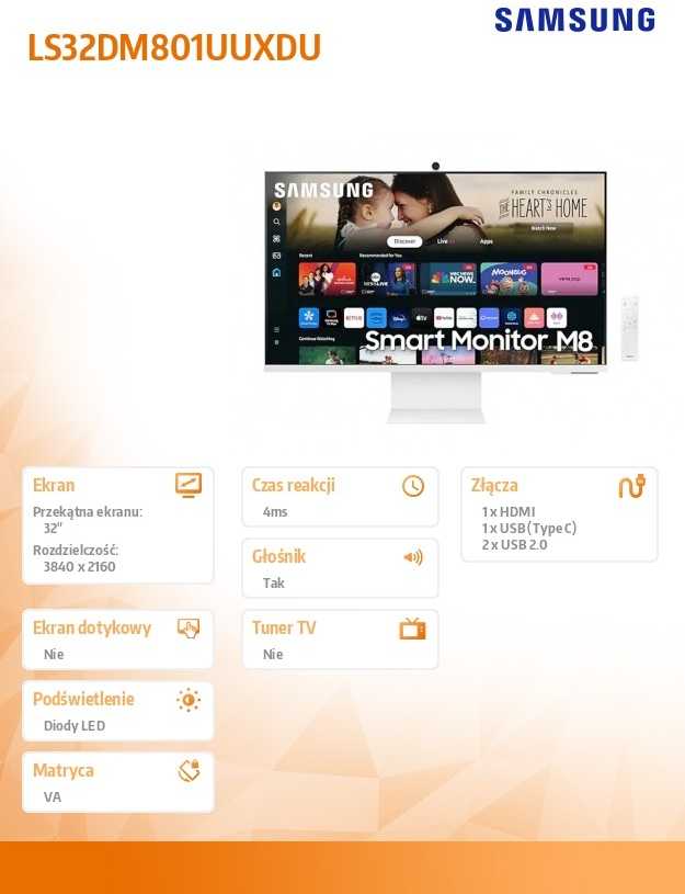 Monitorius Samsung | LS32DM801UUXDU | 32 " | VA | 16:9 | 60 Hz | 4 ms | 3840 x 2160 pikselių | 400 cd/m² | HDMI jungtys quantity 1 | Baltas