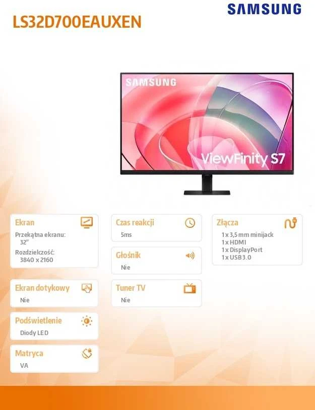 Samsung | LS32D700EAUXEN | 32 " | VA | 16:9 | 60 Hz | 5 ms | 3840 x 2160 pikselių | 350 cd/m² | HDMI jungtys quantity 1 | Juodas