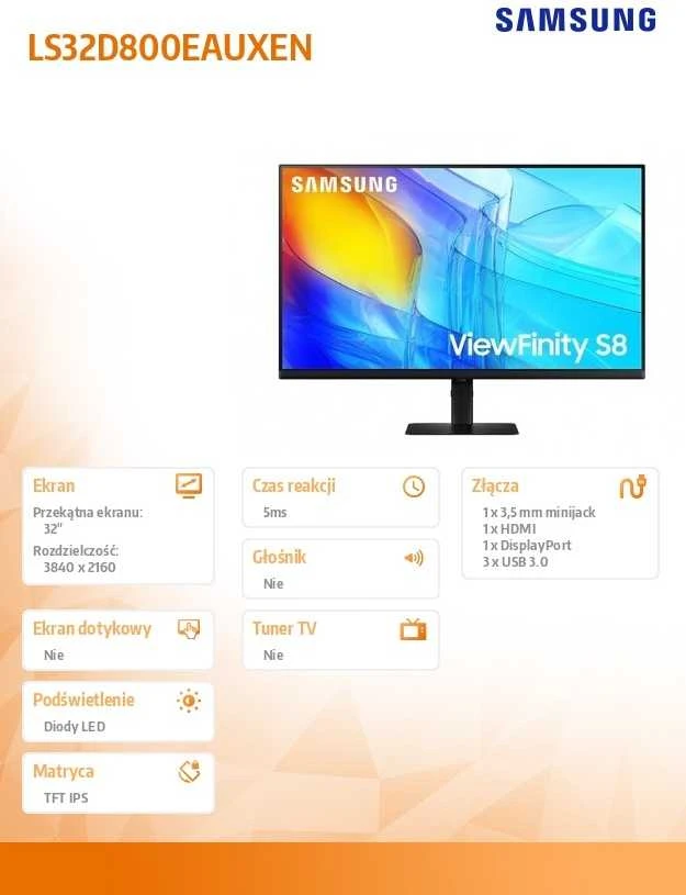 Monitorius - Samsung ViewFinity S8 S80D 32", 4K Lygus Ekranas, Juodas