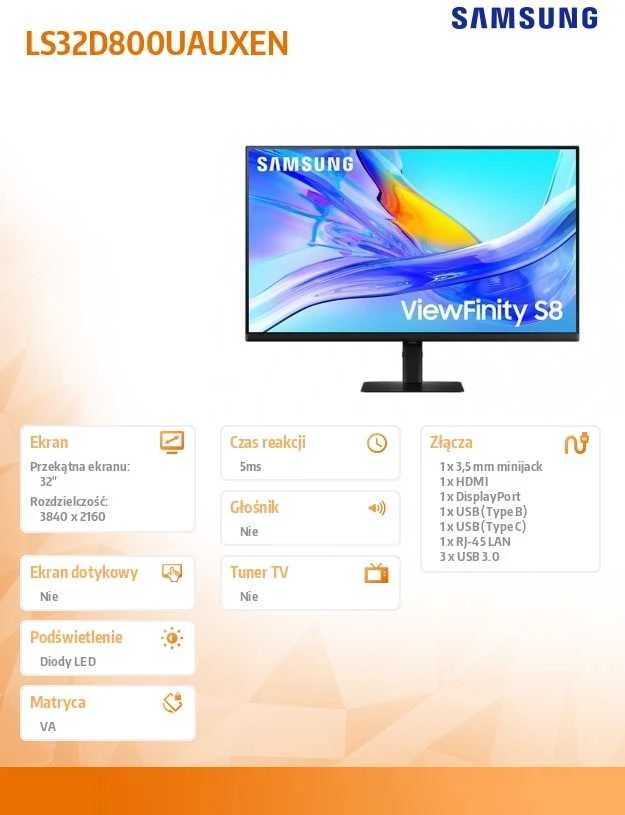 Monitorius Samsung | LS32D800UAUXEN | 32 " | VA | UHD | 16:9 | 60 Hz | 5 ms | 3840 x 2160 pikselių | 350 cd/m² | Juodas