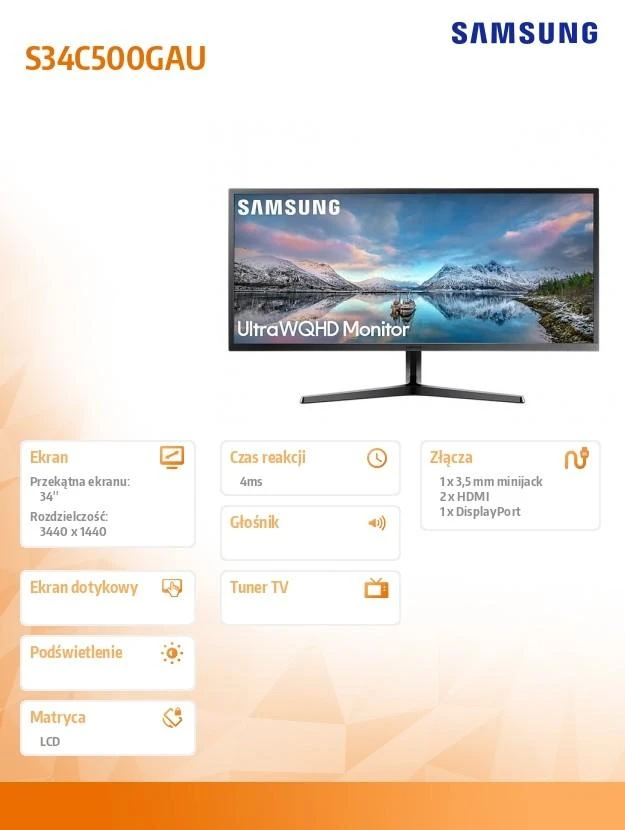 Samsung Monitorius LS34C500GAUXEN 34 "/VA/ 3440x1440 Ultra WQHD/ 21:9/ 2xHDMI/1xDP 5ms (GTG)