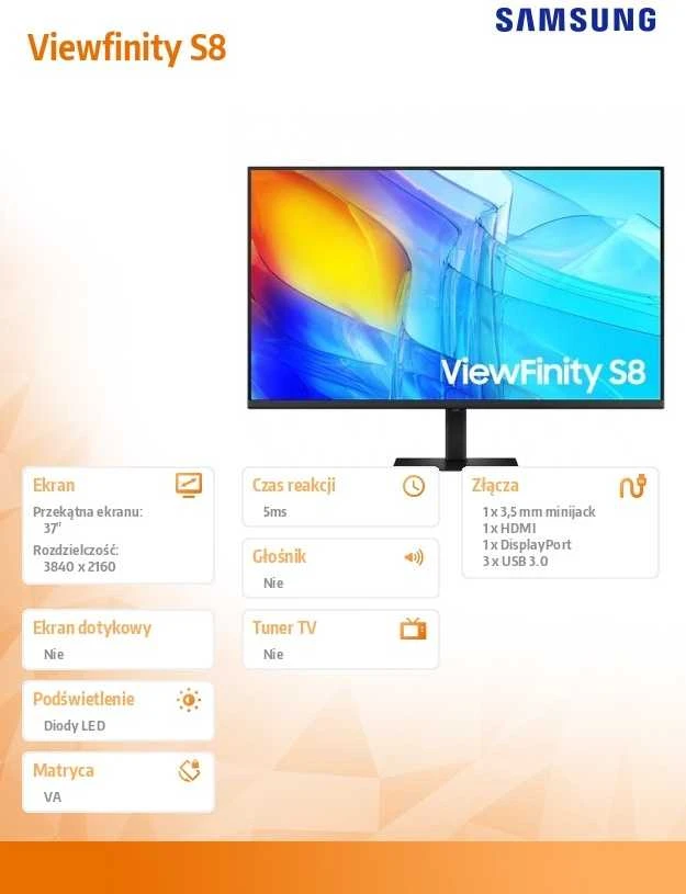 Monitorius - Samsung ViewFinity S8 37-Colių 4K UHD 100% sRGB Plokščias Ekranas Monitorius Juodas