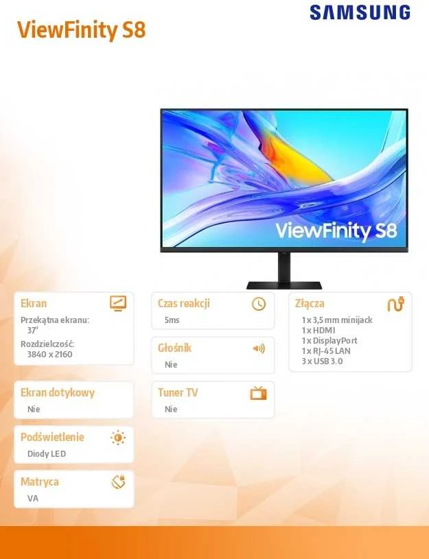 Monitorius - Samsung Monitorius ViewFinity S8 37" 3840x2160 KVM USB Hub