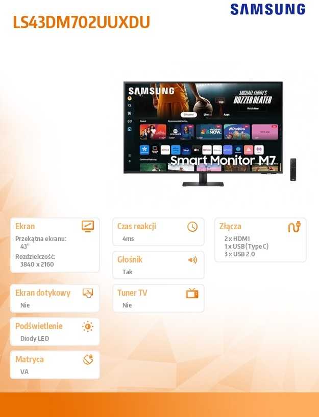 Monitorius Samsung | LS43DM702UUXDU | 43 " | VA | 4K | 16:9 | 60 Hz | 4 ms | 3840 x 2160 pikselių | 300 cd/m² | HDMI jungtys quantity 2 | Juodas