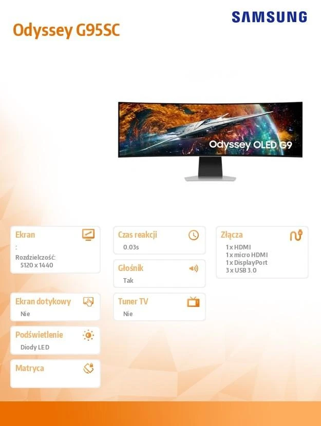 Samsung | Odyssey OLED G9 G95SC Monitorius | LS49CG950SUXDU | 49 " | QHD | 32:9 | 240 Hz | 0.03 ms | 5120 x 1440 | 250 cd/m² | HDMI jungtys quantity 1 | Sidabrinis