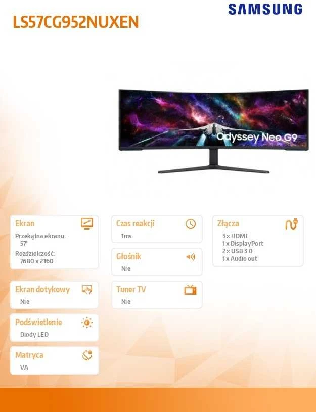 Monitorius Samsung | Odyssey Neo G9 G95NC curved screen | LS57CG952NUXEN | 57 " | VA | Double UHD | 32:9 | 240 Hz | 1 ms | 2160 pikselių | 350 cd/m² | HDMI jungtys quantity 3 | Baltas | Garantija 24 mėn.