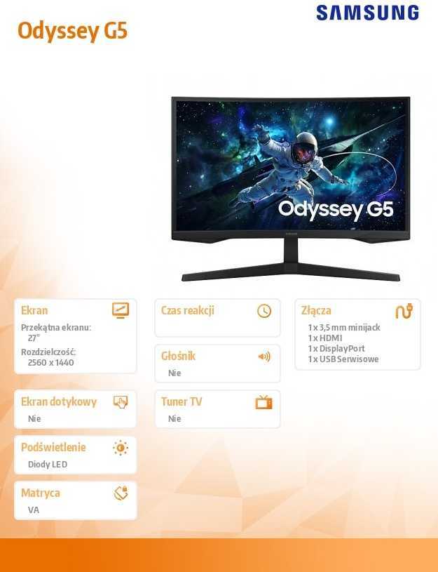 Monitorius Samsung Odyssey G5 G55C 27", VA, 2560 x 1440, 16:9, 1 ms, 300 cd/m², 165 Hz