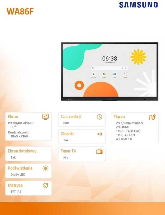 Monitorius SAMSUNG WAF EBOARD WA86F, 86", ANDROID 14 (OCTACORE, 8GB RAM, 64GB STORAGE), UHD, LANDSCAPE ONLY