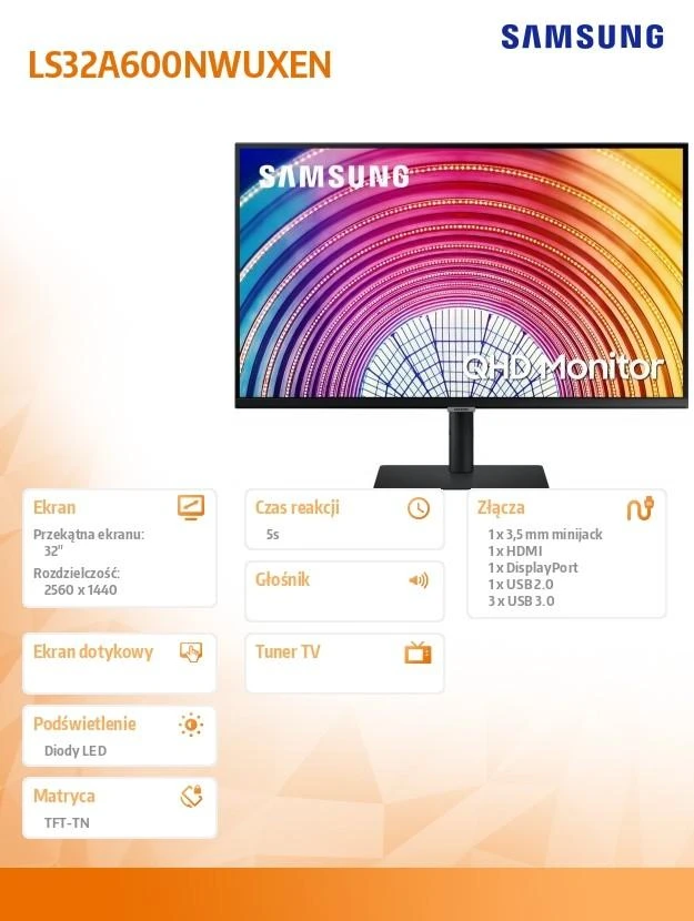 Monitorius „Samsung S32A600“ 32 colių berėmis ekranas, 16:9, 2560x1440, VA, 4 ms, HDR10, HAS / Pasukamas / Pakreipiamas, 130 mm, HDMI / DP, USB3.0 šakotuvas, VESA 100