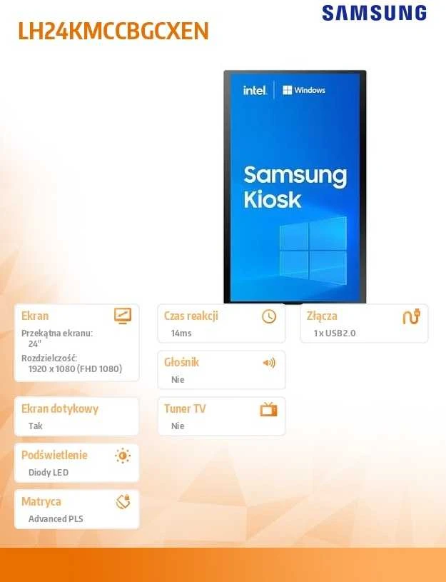Samsung Profesionalus kiosko monitorius km24c 24 colių matinis, jutiklinis 16h/7 250(cd/m2) 1920x1080(fhd) win10 iot celeron 3 metai d2d (lh24kmccbgcxen)
