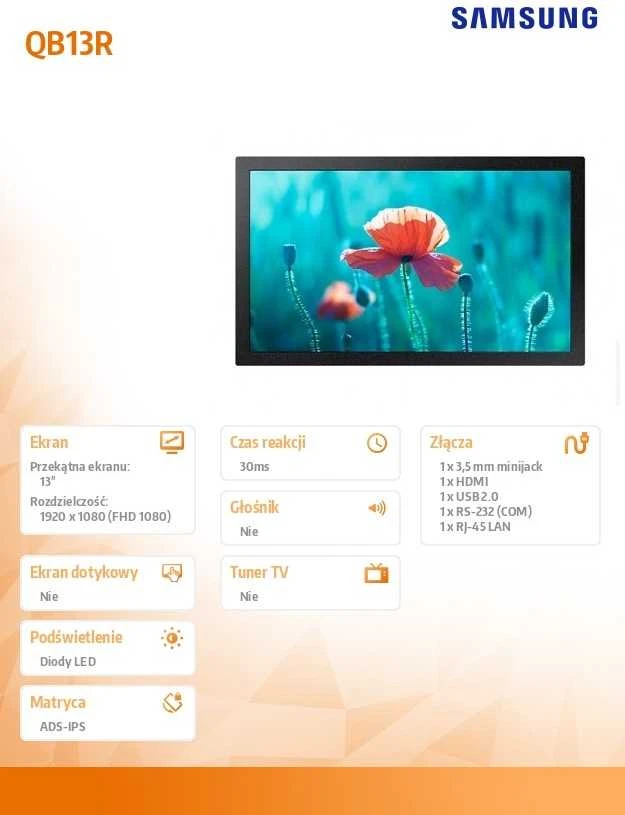 Monitorius SAMSUNG 13" FHD, 16:9, QB13R-M, 500 NITS, 16/7 SOC WIFI