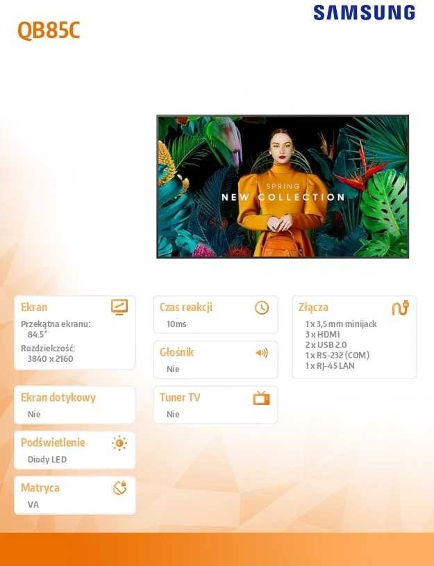 Monitorius SAMSUNG 85" QB85C UHD 350 NITS 16/7 SOC WIFI
