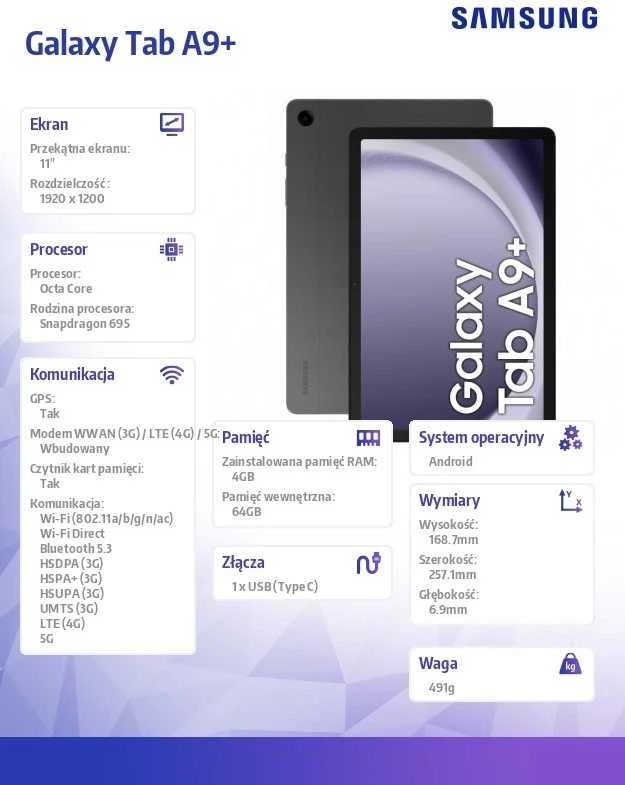 Planšetė Samsung Galaxy Tab A9+ 5G, 64GB, 11 col., Pilkos spalvos