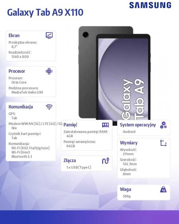Planšetė Samsung Galaxy Tab A9 8.7" 64GB Wi-Fi, SM-X110N, Graphite - planšetinis kompiuteris