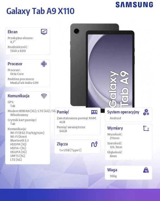 Planšetė Samsung Galaxy Tab A9 LTE, 64GB, 8.7 col., Pilkos spalvos