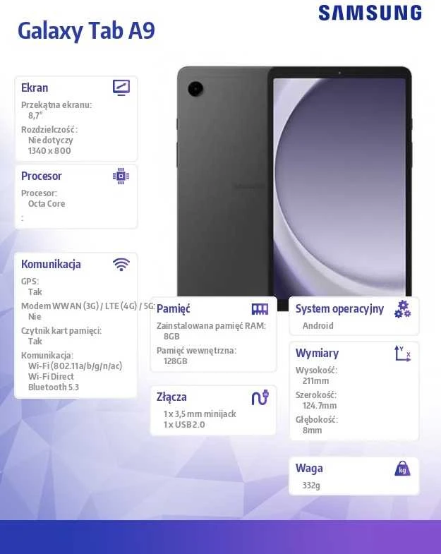 Planšetė Samsung Galaxy Tab | A9 (X110) | 8.7 " | Pilkas | TFT LCD | 800 x 1340 pikselių | Mediatek | Helio G99 (6nm) | 8 GB | 128 GB | Wi-Fi | Front camera | Rear camera | Bluetooth | 5.3 | Android | 13 | Garantija 24 mėn.