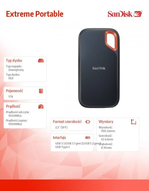 Išorinis kietasis diskas SanDisk Extreme Portable SSD 1TB, SDSSDE61-1T00-G25, Juodas