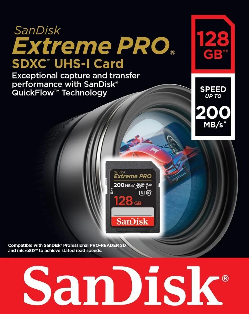 SanDisk 128GB Extreme Pro kortelė su techniniais parametrais