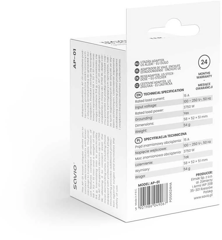 SAVIO AP-01 kelioninis adapteris, JAV lizdas – ES kištukas