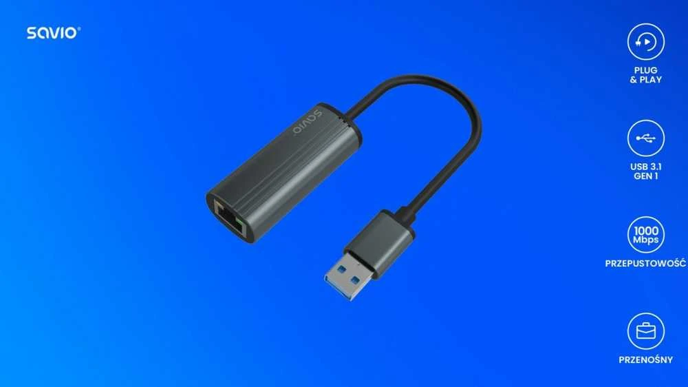 SAVIO AK-55 adapteris USB-A 3.1 GEN 1 do RJ-45 Gigabit Ethernet
