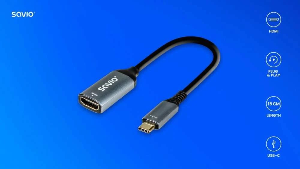 Savio USB-C - HDMI adapteris su techninėmis piktogramomis