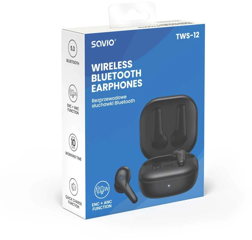 Savio TWS-12 ausinių pakuotė su įkrovimo dėklu