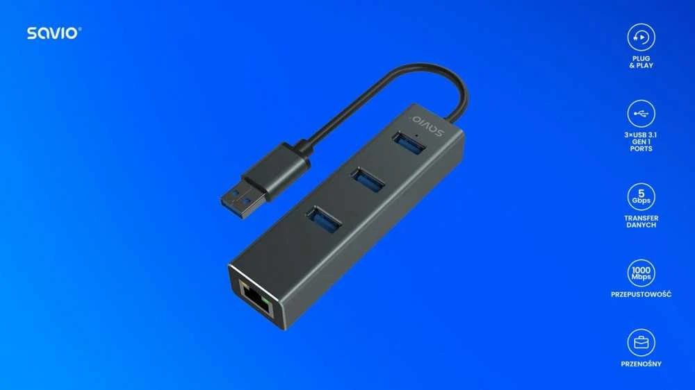 USB Hub - Savio AK-57 3x USB-A Huba su RJ-45 Gigabit Ethernet 5000 Mbit/s Pilkas