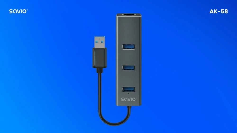 USB Hub - Savio AK-57 3x USB-A Huba su RJ-45 Gigabit Ethernet 5000 Mbit/s Pilkas