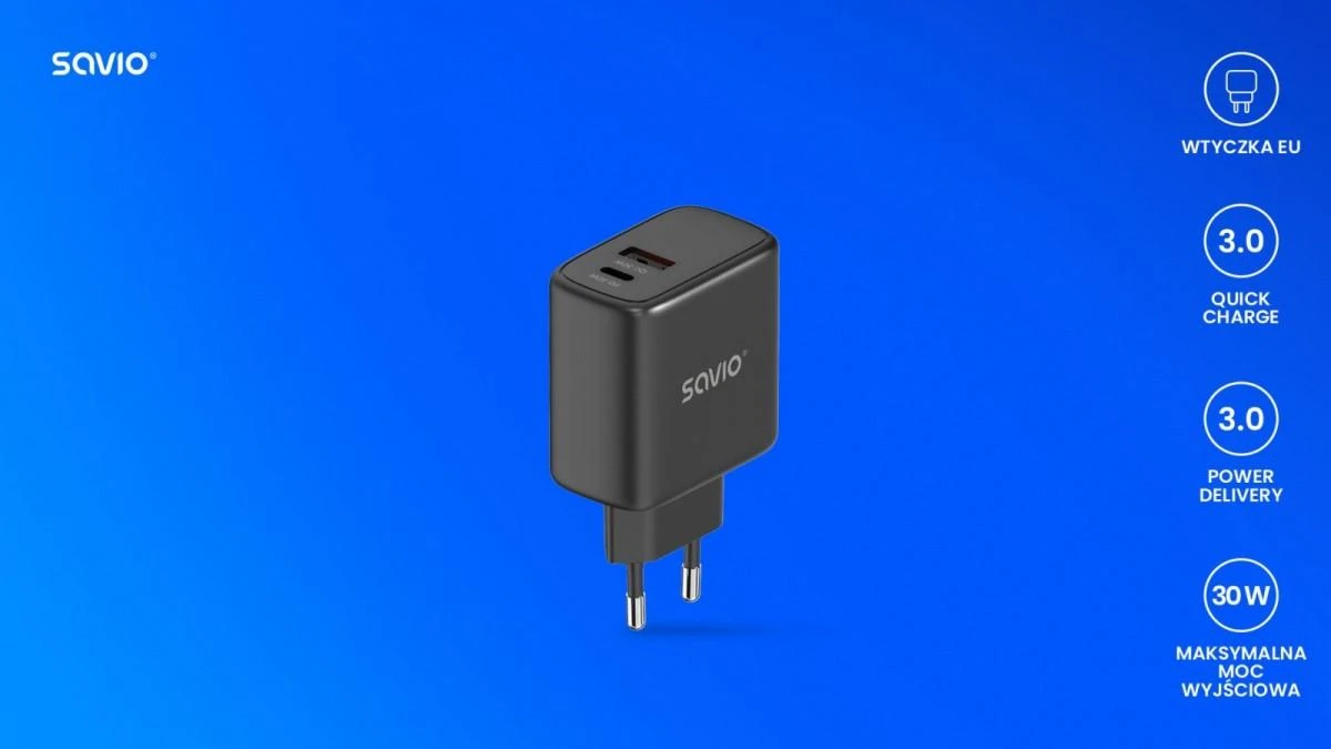 Savio LA-06/b sieninis įkroviklis su USB-C ir USB-A jungtimis