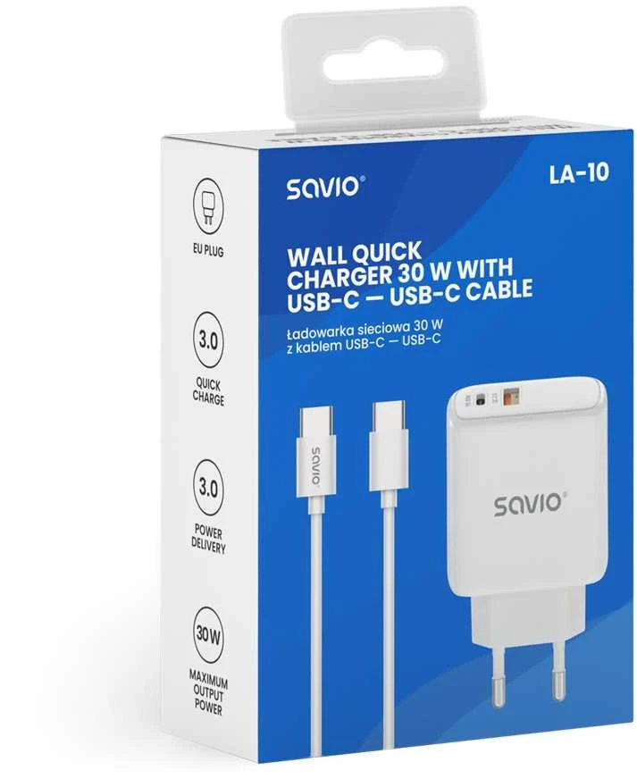 Savio Įkroviklis jungiama į tinklą LA-10 30W Quick Charge Power Delivery 3.0 Balta + Kabelis